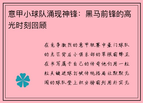 意甲小球队涌现神锋：黑马前锋的高光时刻回顾
